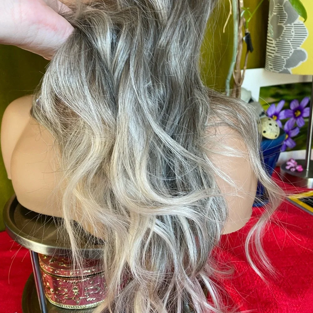 Ash tones brunette blonde wig with bangs